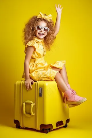 时尚女孩坐行李箱上墨镜黄色摄影图