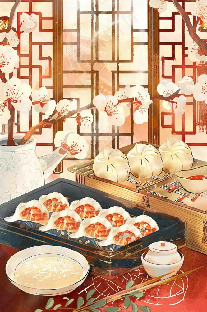 古风插画美食饺子包子梅花古风窗户冬至插画背景(896x1344)