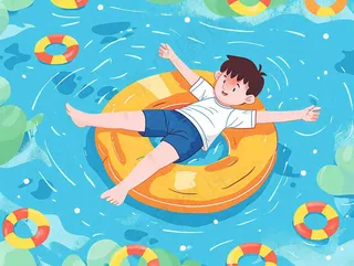 夏天游泳泳池人物游泳男孩蓝色背景泳圈夏日运动小暑大暑夏至立夏卡通插画背景