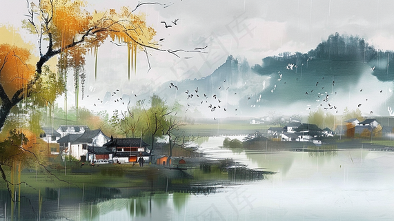 水墨江南水乡国画河边小镇插画背景