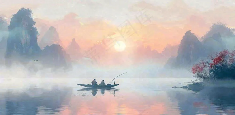 中国风意境水墨山水风景插画背景(1568x768)