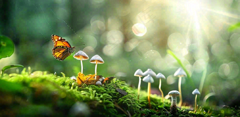 阳光斑驳下的蝴蝶苔藓蘑菇春天森林春分惊蛰摄影图(1568x768)