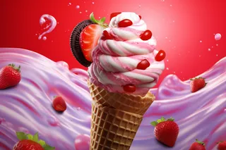 美味冰淇淋蛋筒粉色梦幻背景草莓摄影图