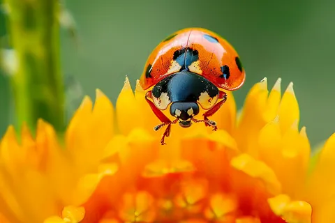 七星瓢虫在菊花上花朵摄影图