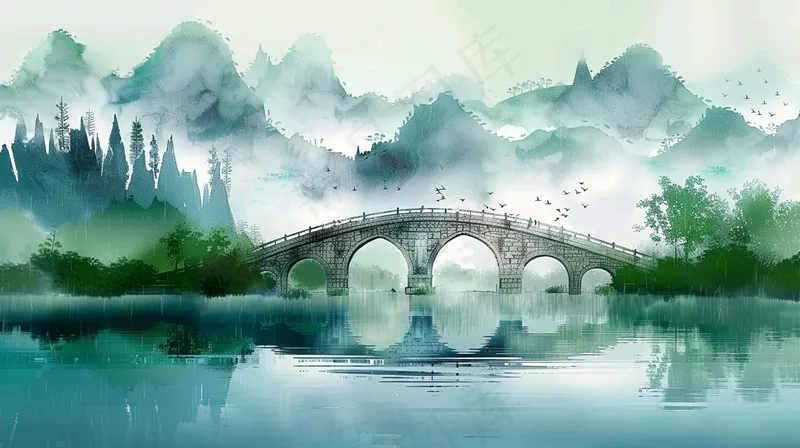 江南水乡水墨画拱桥插画背景(4368x2448)