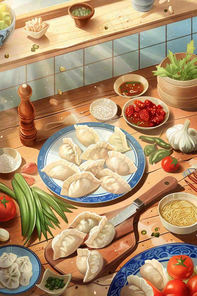 中国传统美食饺子蘸料冬天节日冬至插画背景(896x1344)