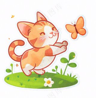 可爱的猫咪宠物草丛扑蝴蝶卡通插画免抠