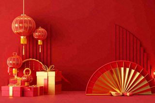 红金创意喜庆新年扇子鼓灯笼C4D展台背景新年春节小年电商背景