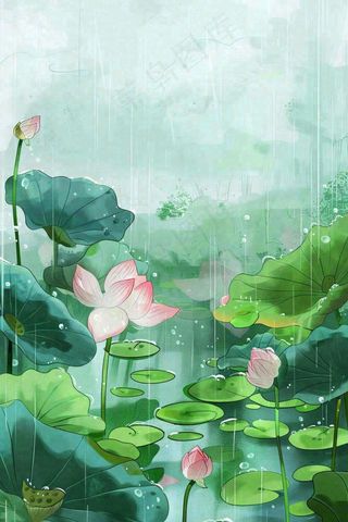 夏天雨季池塘荷花荷叶凄冷大暑处暑插画背景