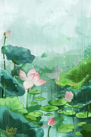夏天雨季池塘荷花荷叶凄冷大暑处暑插画背景