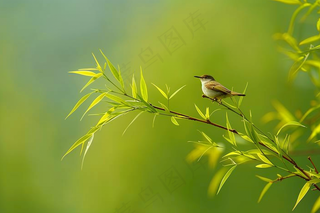 绿色竹叶上的小鸟竹林摄影图