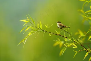绿色竹叶上的小鸟竹林摄影图