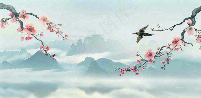 中国风水墨画山水船梅花春天春分清明插画背景(1568x768)