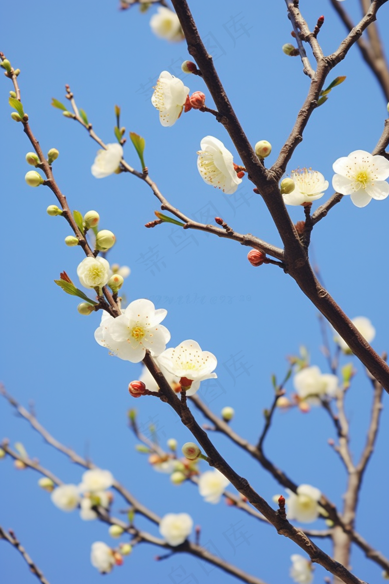 白梅花春天树枝抽新芽蓝天摄影图(2688x4032)