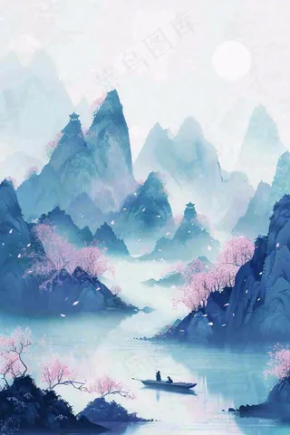 中国风水墨山水画梅花遍地开船春天春分清明插画背景