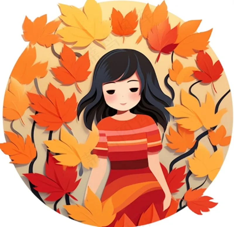 秋天躺着落叶上的女孩儿童树叶卡通插画免抠(1056x1024)