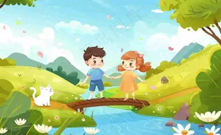 春天出游踏青森林公园小溪小桥樱花小孩宠物立春春分惊蛰绿色卡通插画背景