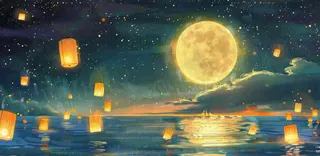月亮中秋节河灯中元节风景唯美插画背景