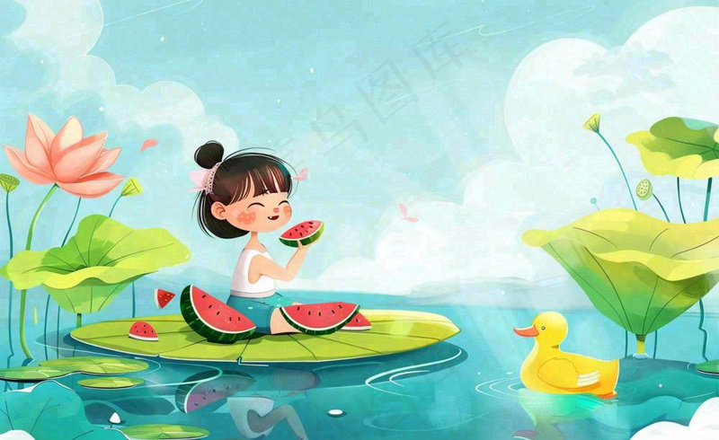 夏天池塘荷花荷叶上吃西瓜的女孩儿童清凉夏日立夏夏至小暑卡通插画背景