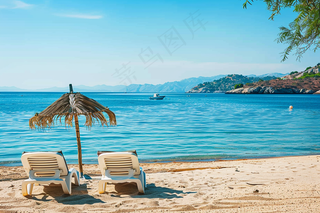 夏日海滩蓝色度假沙滩椅摄影图