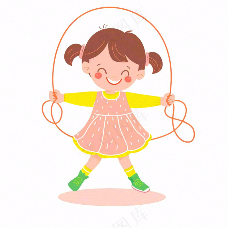 小女孩穿粉裙子跳绳运动人物卡通插画免抠