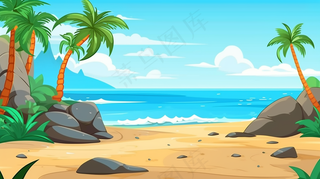 海边沙滩礁石椰树海岛卡通插画 背景