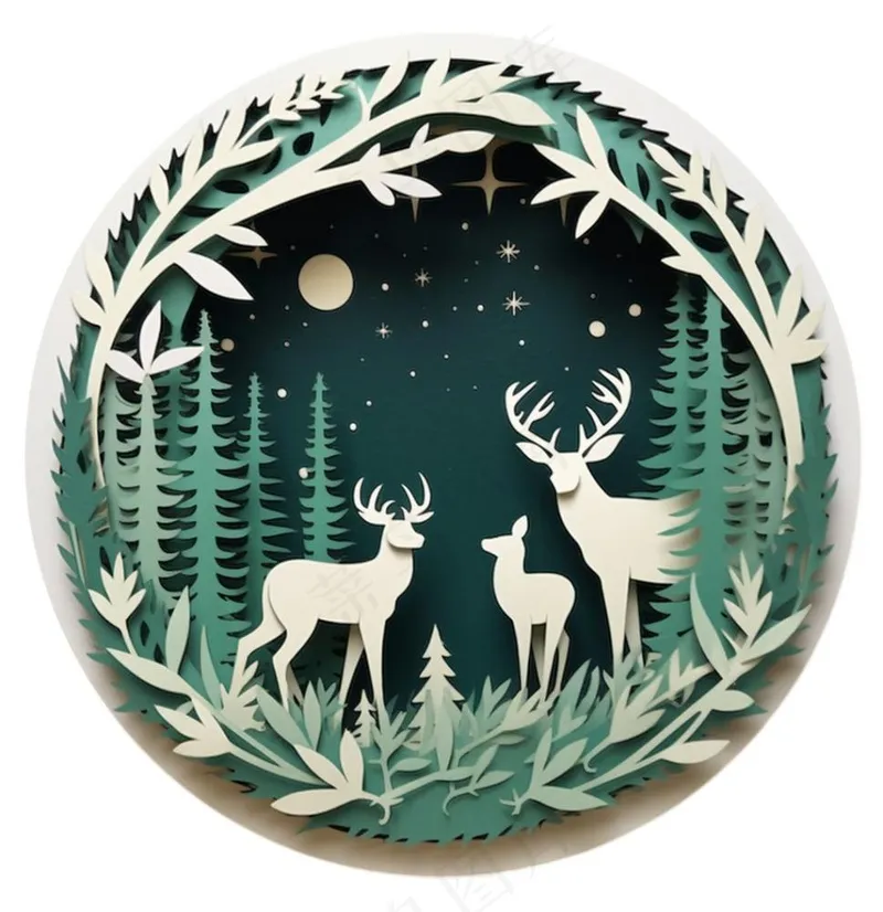 圣诞卡通剪纸麋鹿圣诞树绿色卡通免抠(1024x1056)