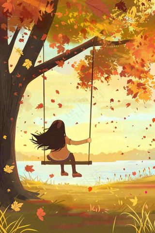 秋天湖泊大树下荡秋千的女孩落叶立秋秋分卡通插画背景