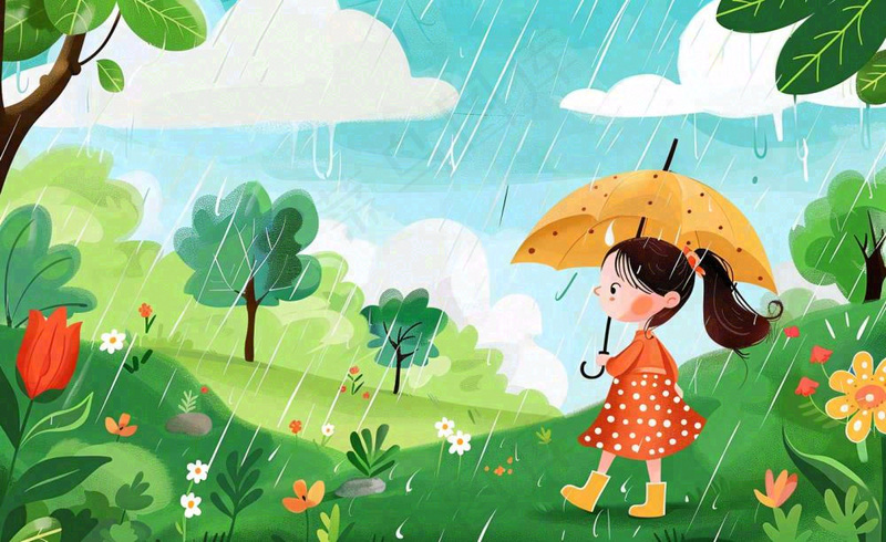 春天雨季女孩打伞在森林公园里嬉戏小草花丛鸟春游踏青雨水谷雨卡通插画背景(1408x864)