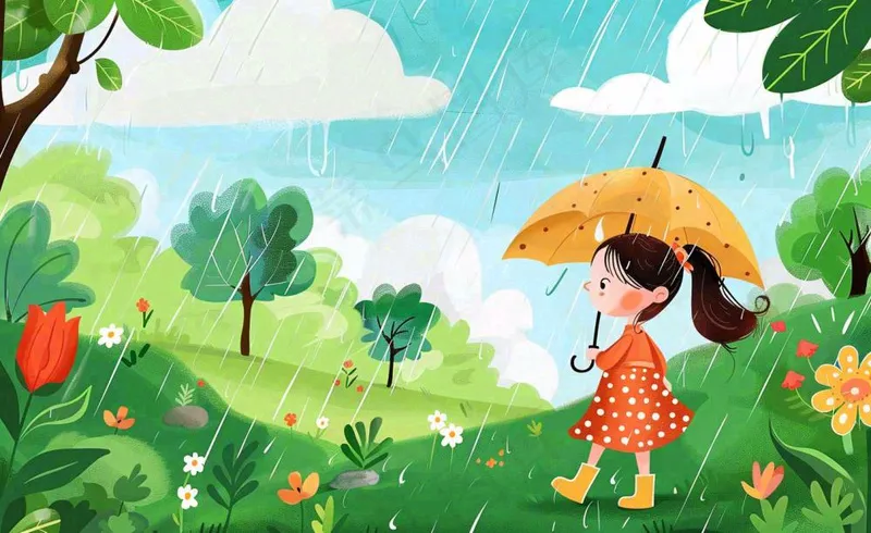 春天雨季女孩打伞在森林公园里嬉戏小草花丛鸟春游踏青雨水谷雨卡通插画背景(1408x864)