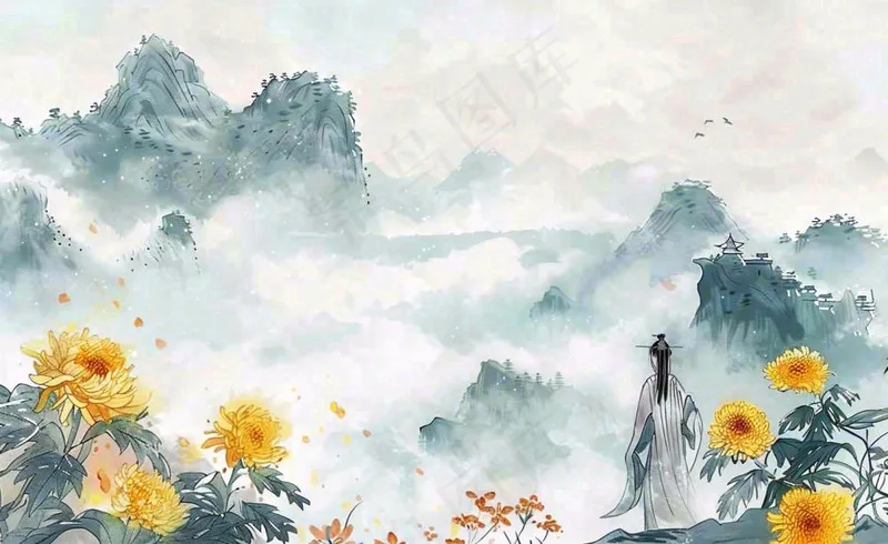 秋天古风水墨画山川菊花古风人物端午清明中秋重阳插画背景(1408x864)
