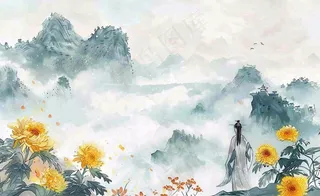 秋天古风水墨画山川菊花古风人物端午清明中秋重阳插画背景