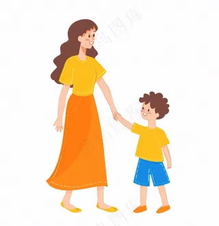 妈妈牵着小孩母子母亲节卡通插画免抠