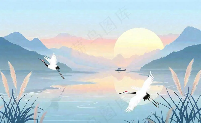 唯美白露仙鹤鸟山水风景秋天芦苇日落日出秋天插画背景(1408x864)