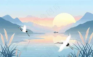 唯美白露仙鹤鸟山水风景秋天芦苇日落日出秋天插画背景