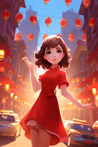 新年春节红色中式旗袍的女孩张灯结彩喜庆卡通插画插图背景