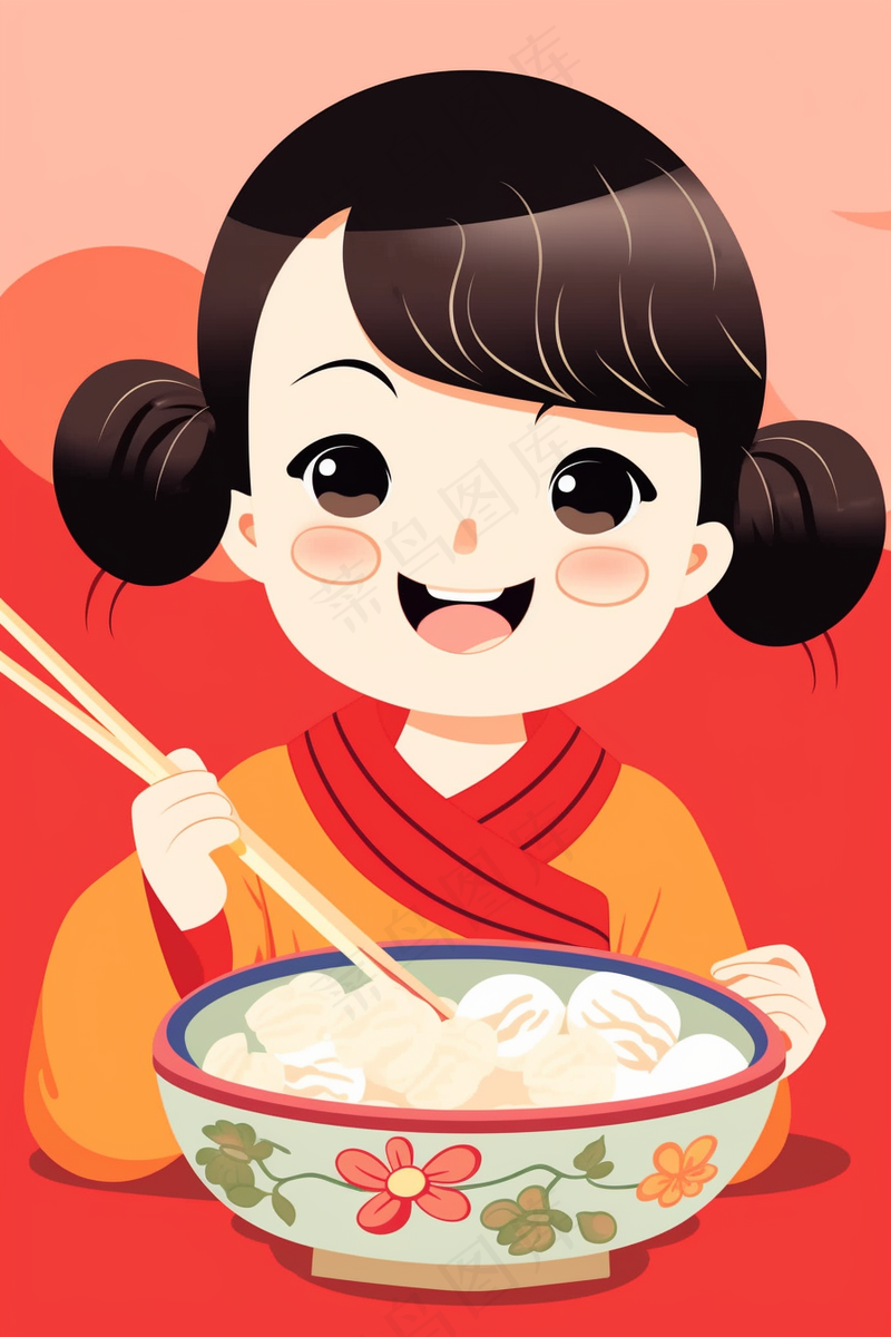 元宵吃汤圆小女孩红色卡通插画插图背景(2688x4032)