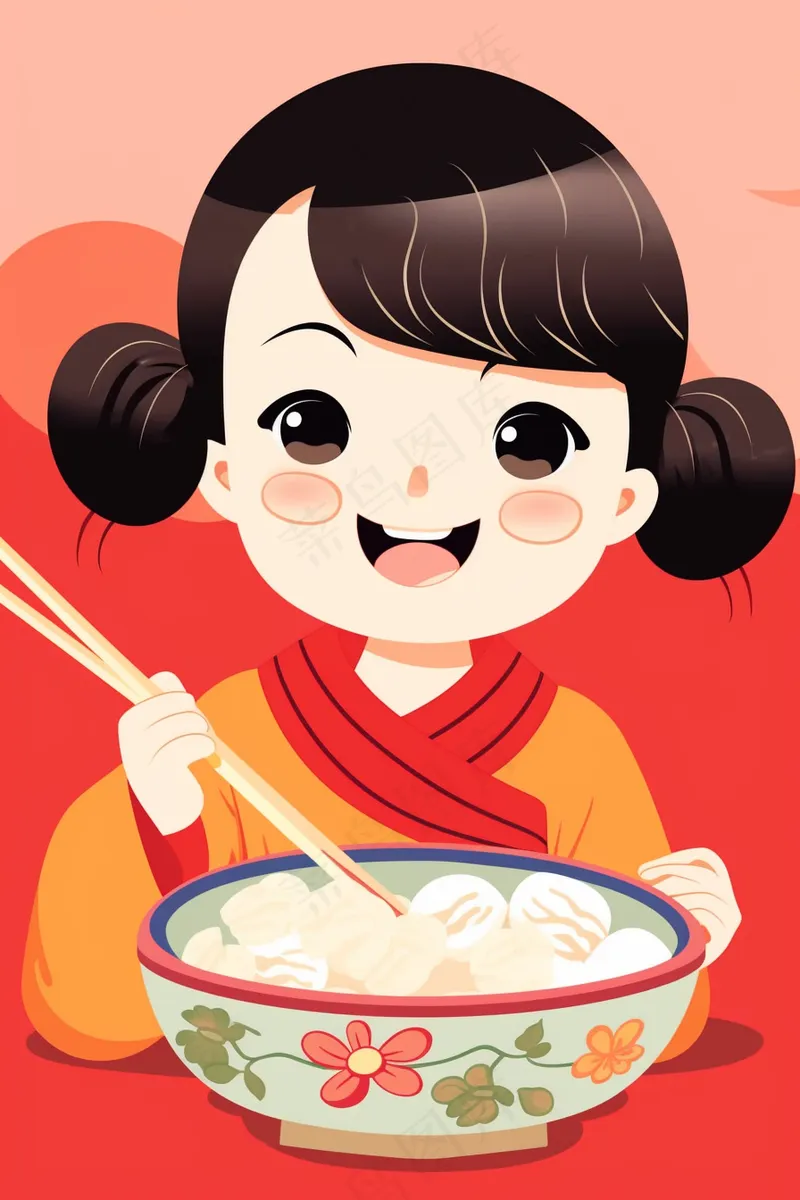元宵吃汤圆小女孩红色卡通插画插图背景(2688x4032)