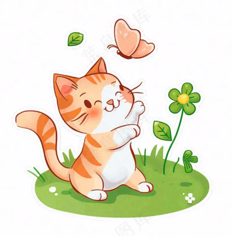 可爱的猫咪宠物草丛扑蝴蝶卡通插画免抠(1024x1040)