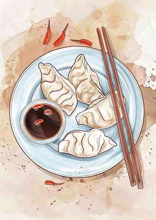饺子中国传统美食水彩插画冬至节日