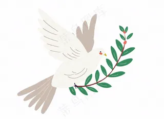 飞鸽携绿枝白鸽和平卡通插画免抠