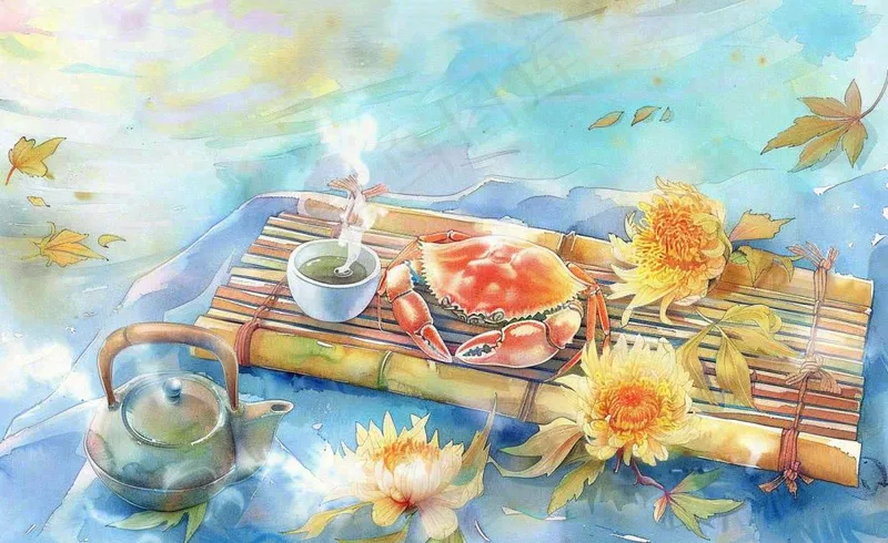 金秋螃蟹红枫叶茶壶水面涟漪中秋重阳秋分寒露水墨水彩插画背景(1408x864)