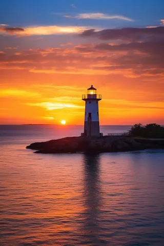 夕阳落日海面的灯塔余晖倒影美景摄影图