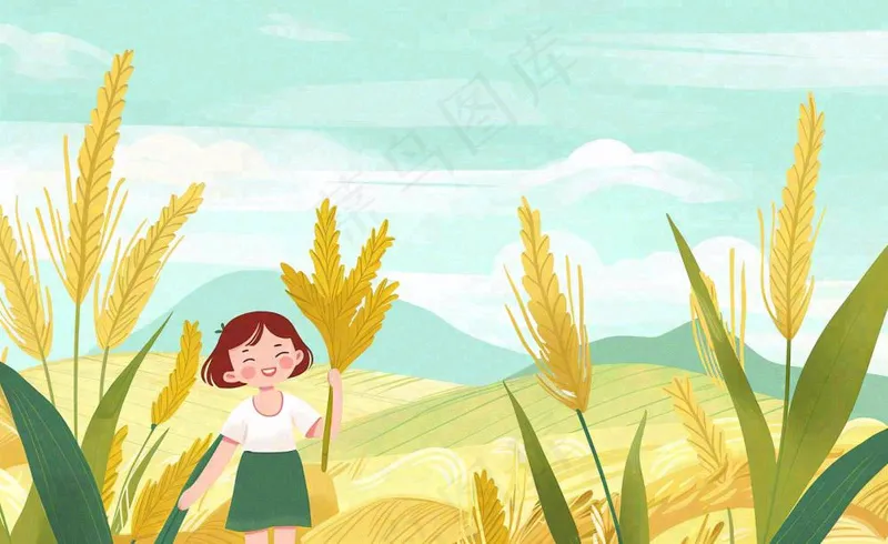 秋天丰收季节小麦稻田金色女孩抱着麦穗秋分立秋插画背景(1408x864)