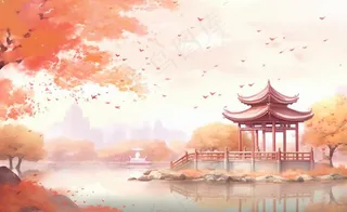 秋季枫叶晚亭山水湖面倒影美景中国风水墨画插画背景