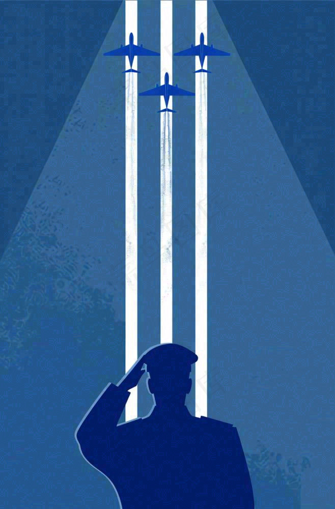 建军蓝色纹理简约军人剪影飞机插画背景
