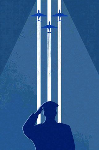 建军蓝色纹理简约军人剪影飞机插画背景