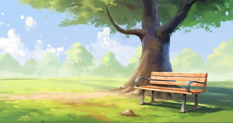 春天草坪大树下的椅子春季生长绿色卡通插画背景(4368x2316)