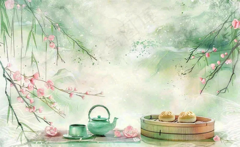 春天桃花春茶茶壶燕子清明山水国画中国风水墨插画背景茶文化采茶(1408x864)
