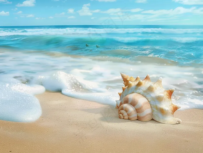 海滩贝壳海浪浪花摄影图(3696x2784)